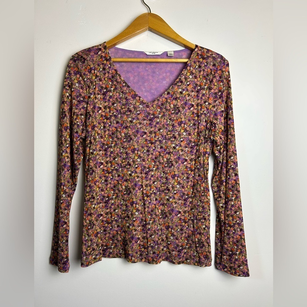 Vtg y2K Liz Claiborne Size L Bee Fabric Long Sleeve V-Neck Lightweight Stretch